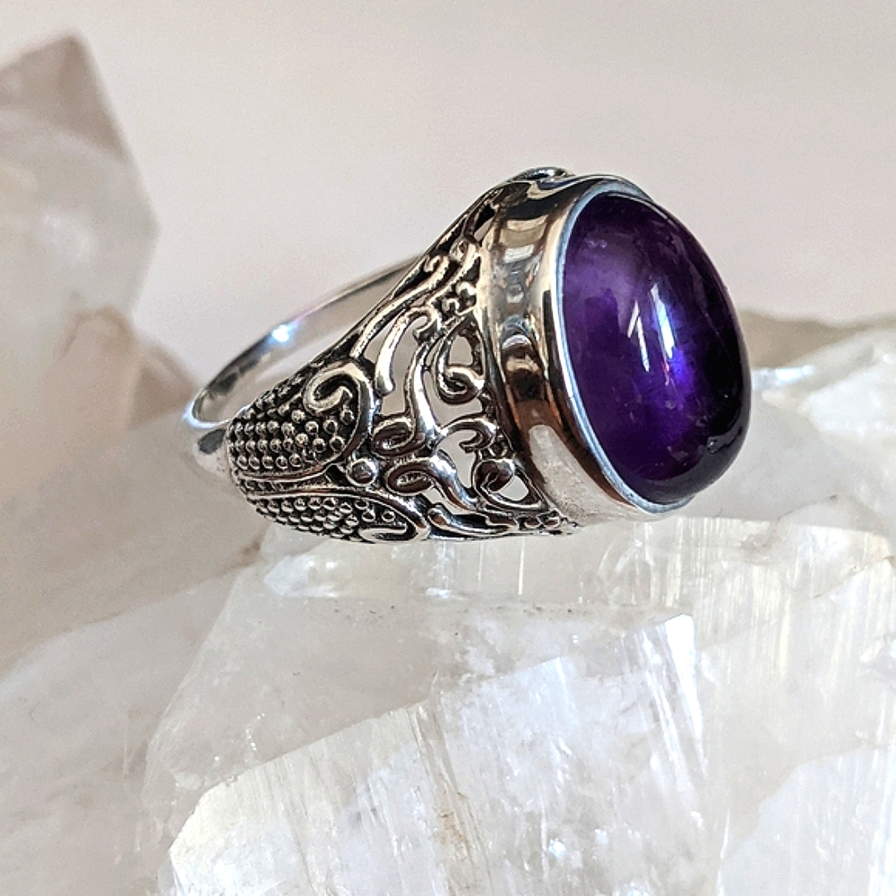 Natural Purple Amethyst, 925 Silver Ring, size 8 - Picture 1 of 10